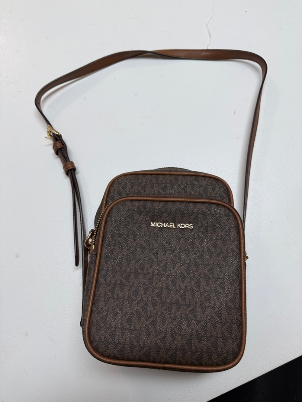 Michael Kors Brown Monogram Messenger Crossbody with Gold Hardware